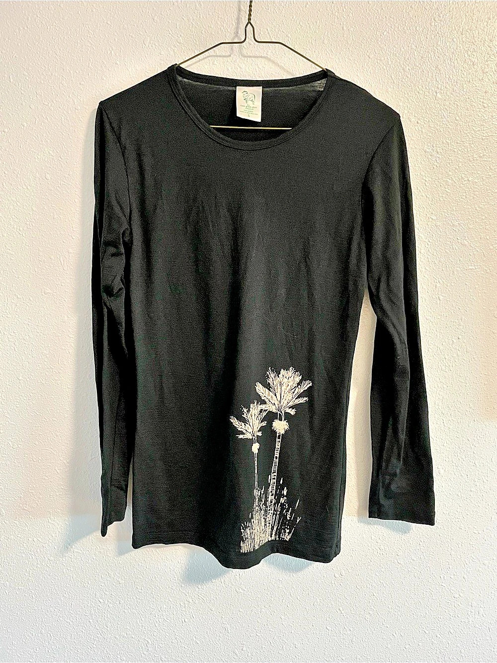 The Clean Green Shirt Company Merino Wool Long Sleeve Tee in Black with Palm Tre